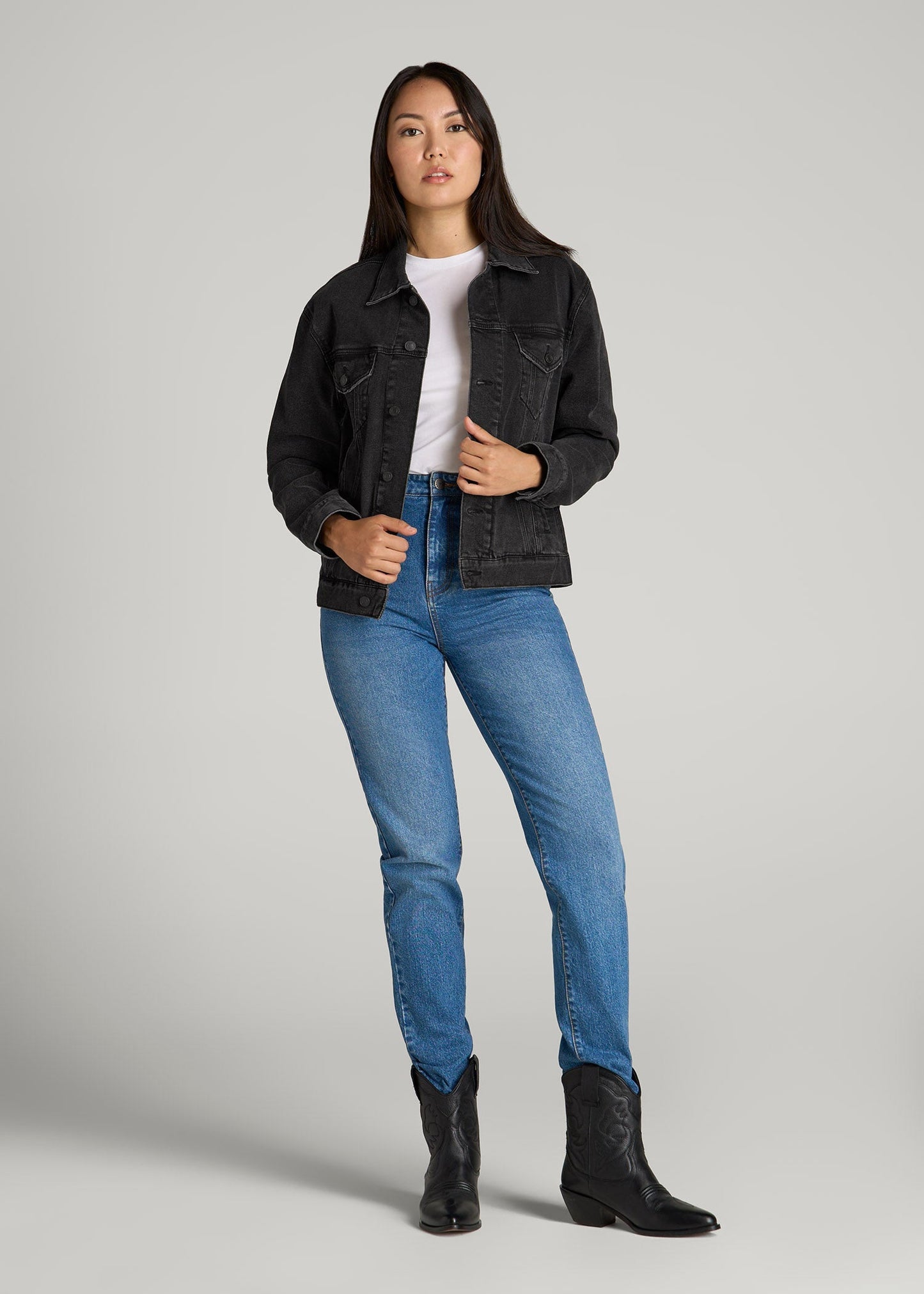 Women's Relaxed Denim Jacket for Tall Women in Black Stone Wash