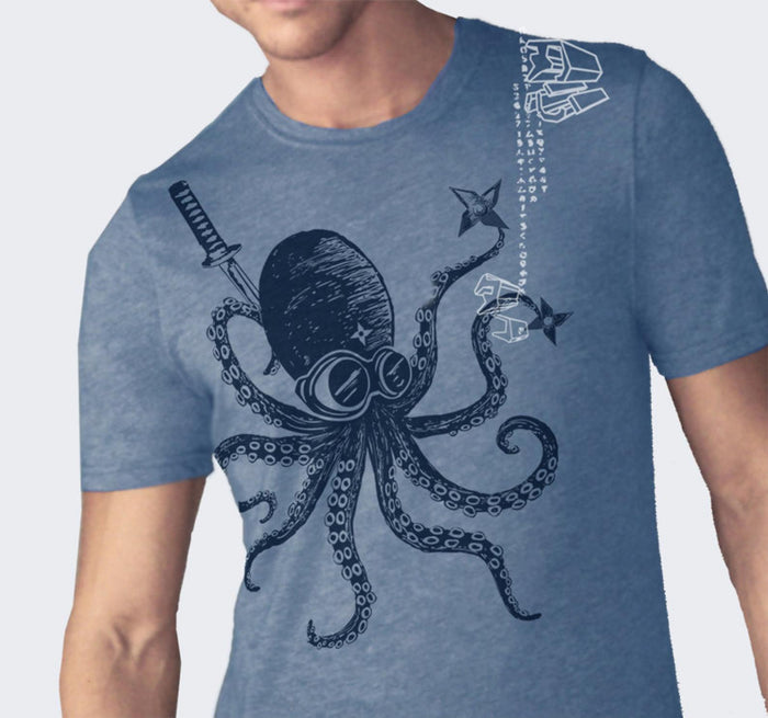 Adult Tee - Blue Ninja Octopus on Teal Crew Neck (S - 2XL) by Namu