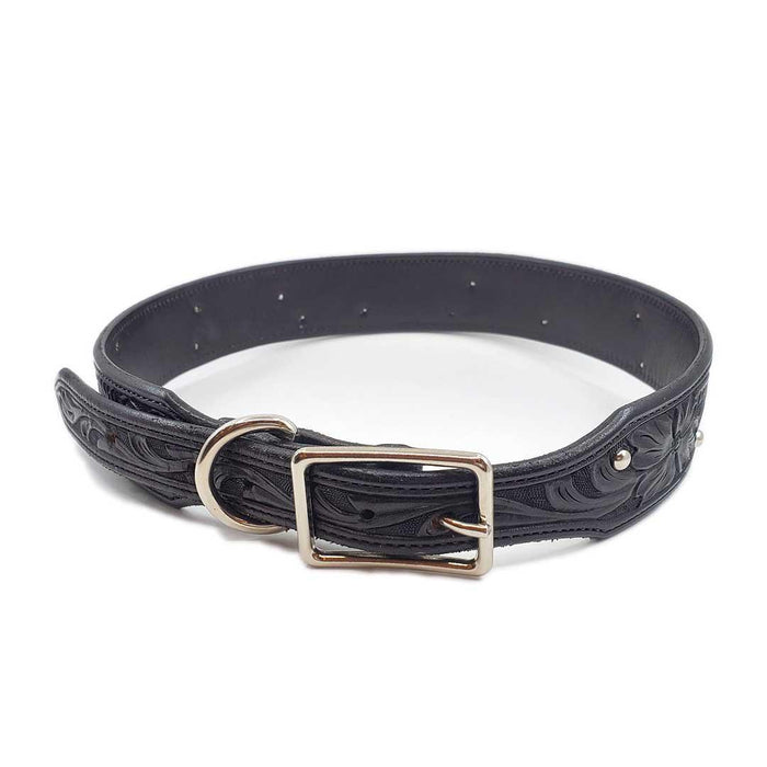 Dog Collar - XL - Black Tooled with Silver Studs by Greenbelts