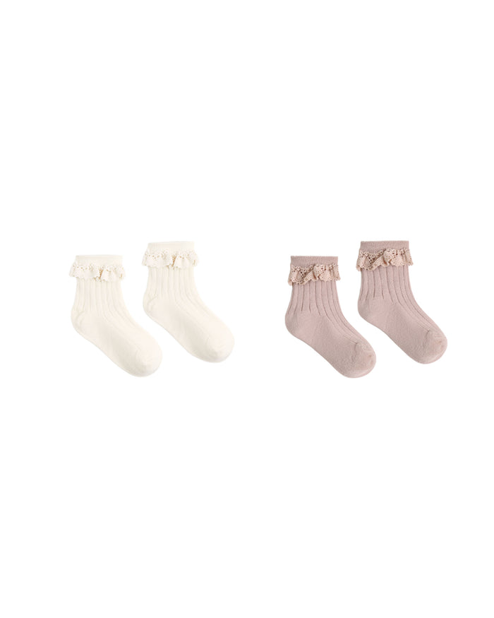 lace trim socks, 2 pack in rosewood, natural