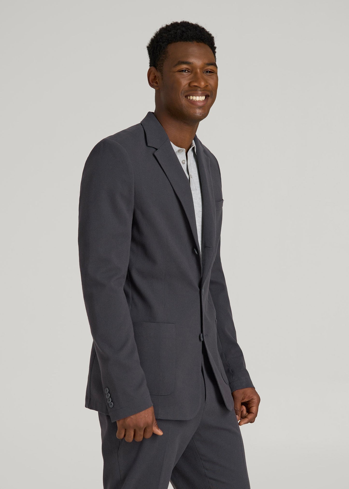 Textured Garment Washed Stretch Cotton Blazer for Tall Men in Iron Grey