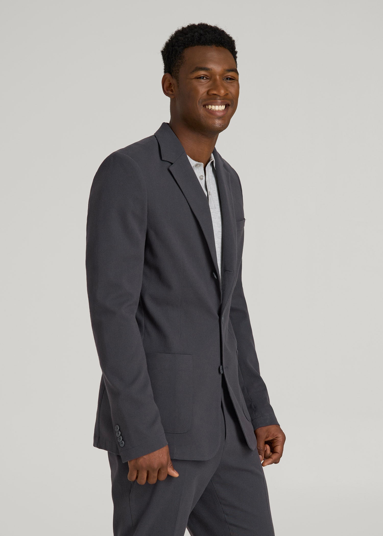 Textured Garment Washed Stretch Cotton Blazer for Tall Men in Iron Grey