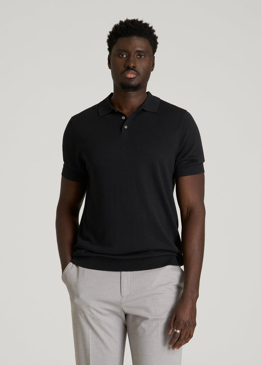 Linen Blend Knit Polo for Tall Men in Black