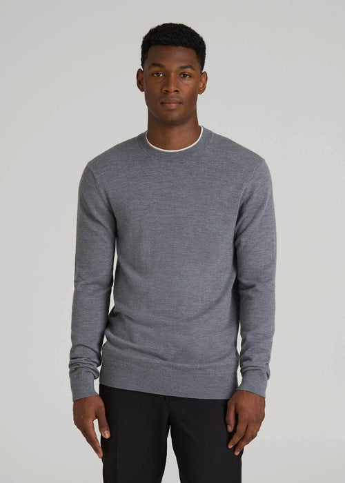 Merino Wool Crewneck Tip Sweater for Tall Men in Grey Mix