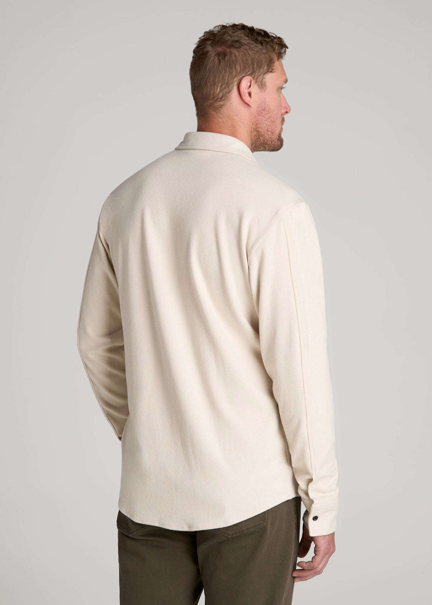 Stretch Flannel Button Shirt for Tall Men in Soft Beige
