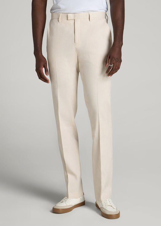 Stretch Linen Dress Pants for Tall Men in Light Beige Linen