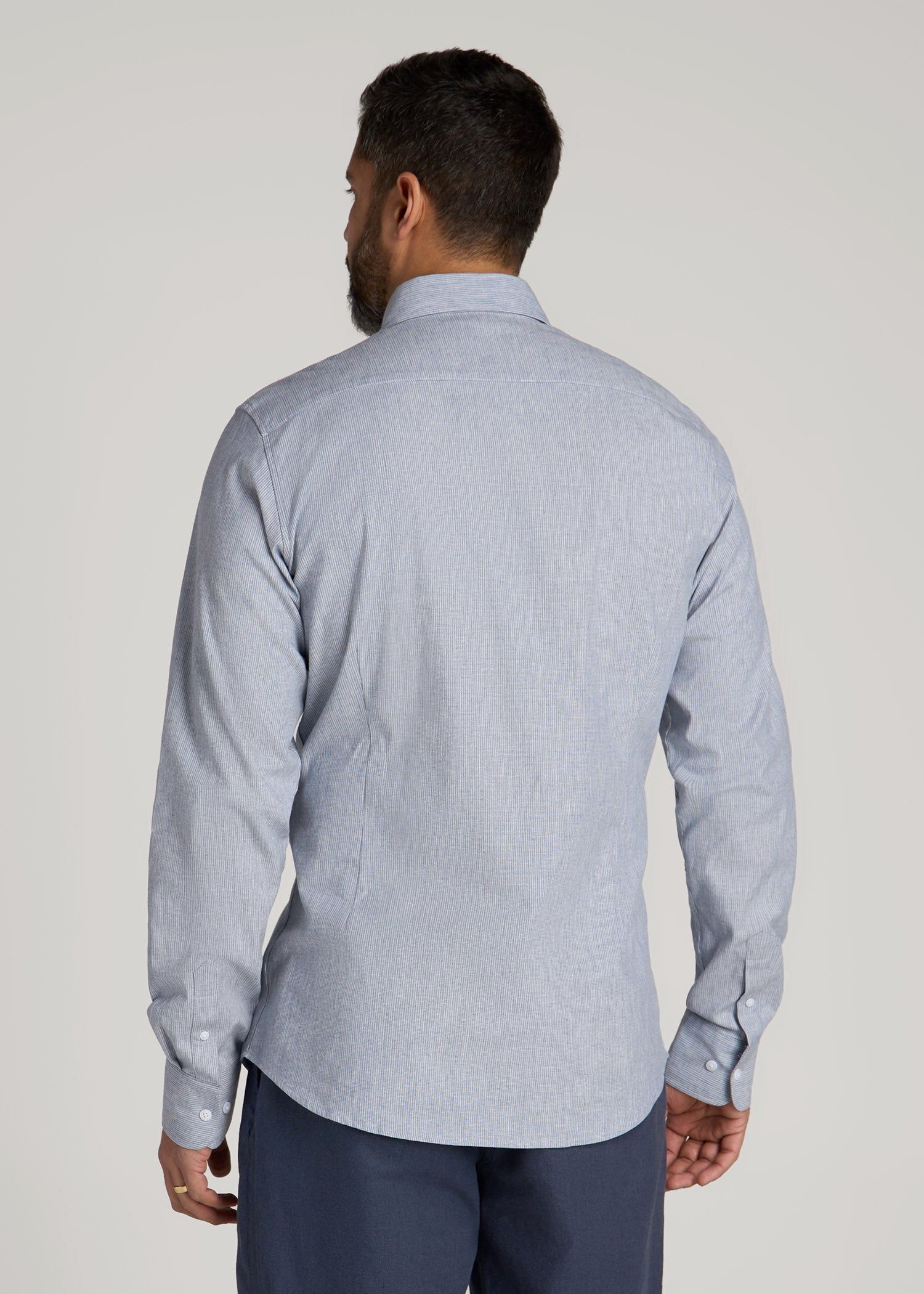 Stretch Linen Dress Shirt for Tall Men in Blue and White Pinstripe