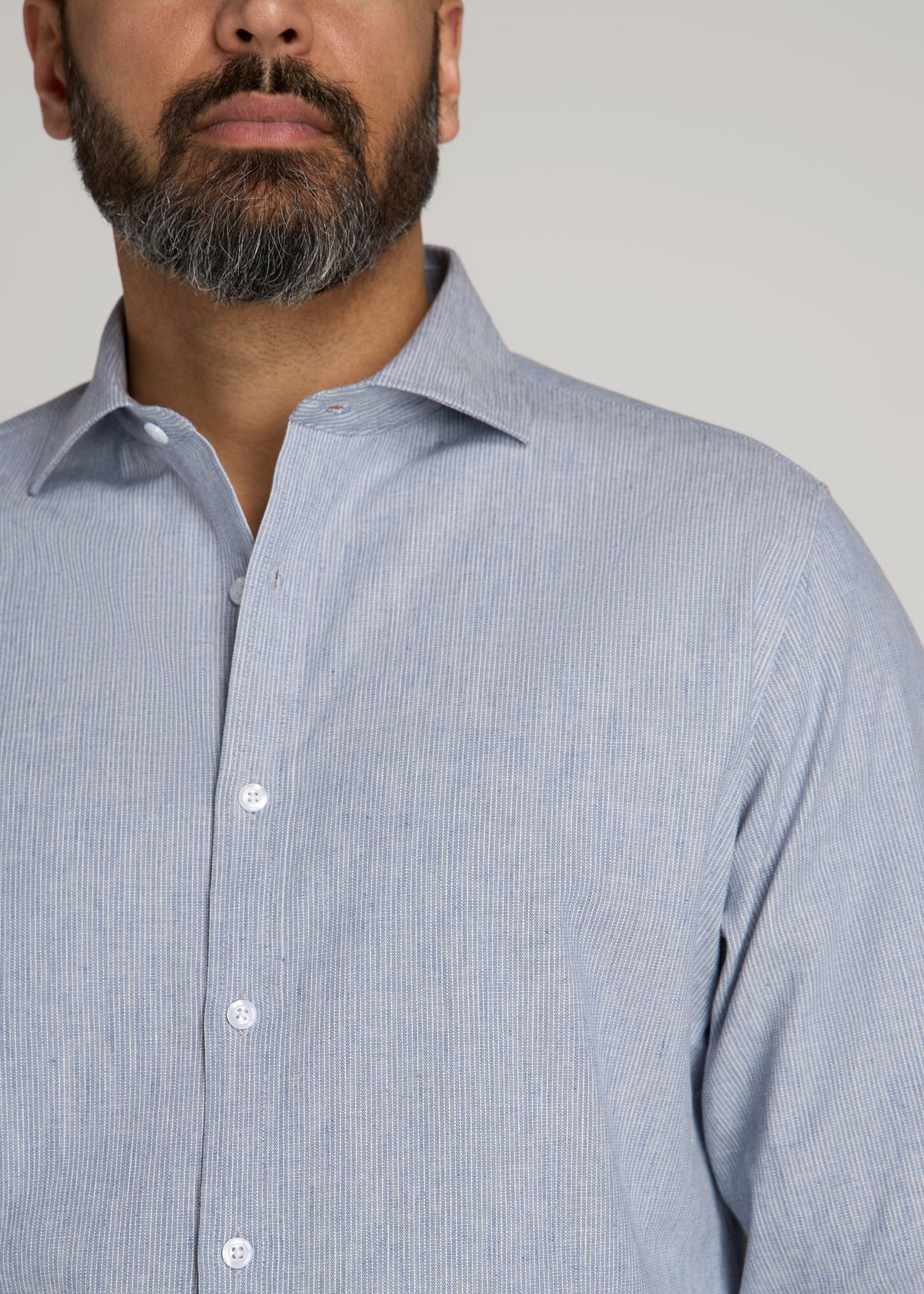 Stretch Linen Dress Shirt for Tall Men in Blue and White Pinstripe