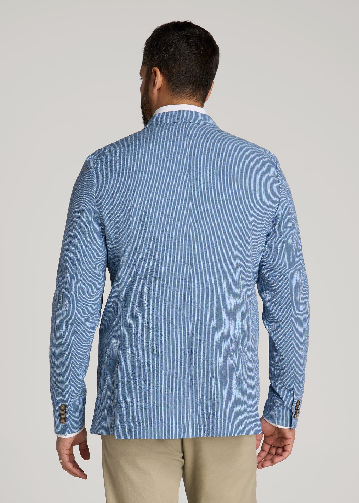 Stretch Seersucker Blazer for Tall Men in Tonal Blue Stripe