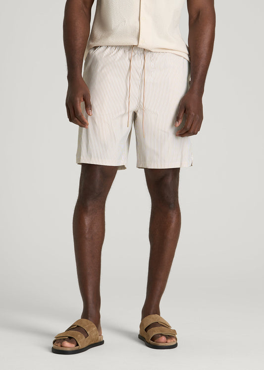 Stretch Swim Shorts for Tall Men in White and Oatmeal Stripe