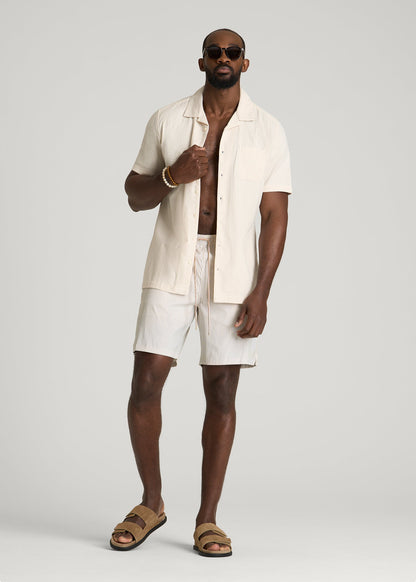 Stretch Swim Shorts for Tall Men in White and Oatmeal Stripe