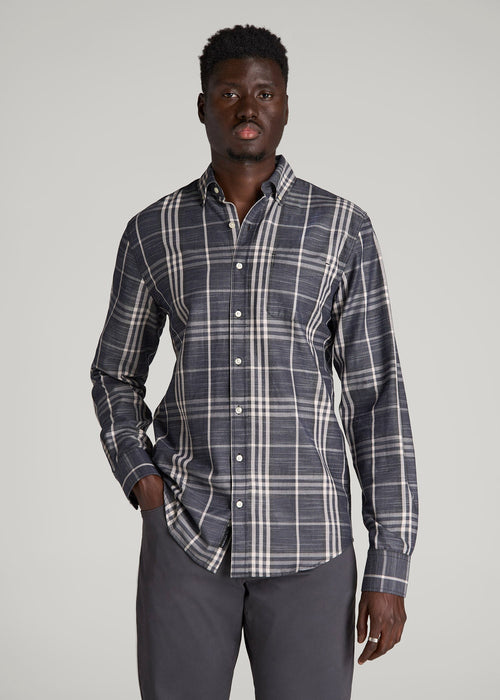 Textured Weave Cotton Button-Up Shirt for Tall Men in Dark Blue Plaid