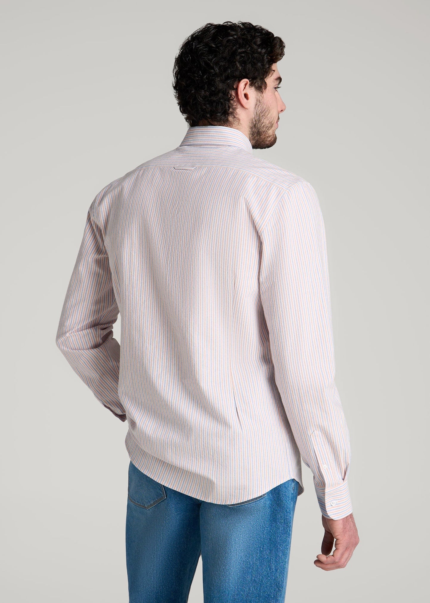 Washed Oxford Shirt for Tall Men in Apricot and Blue Multi Stripe
