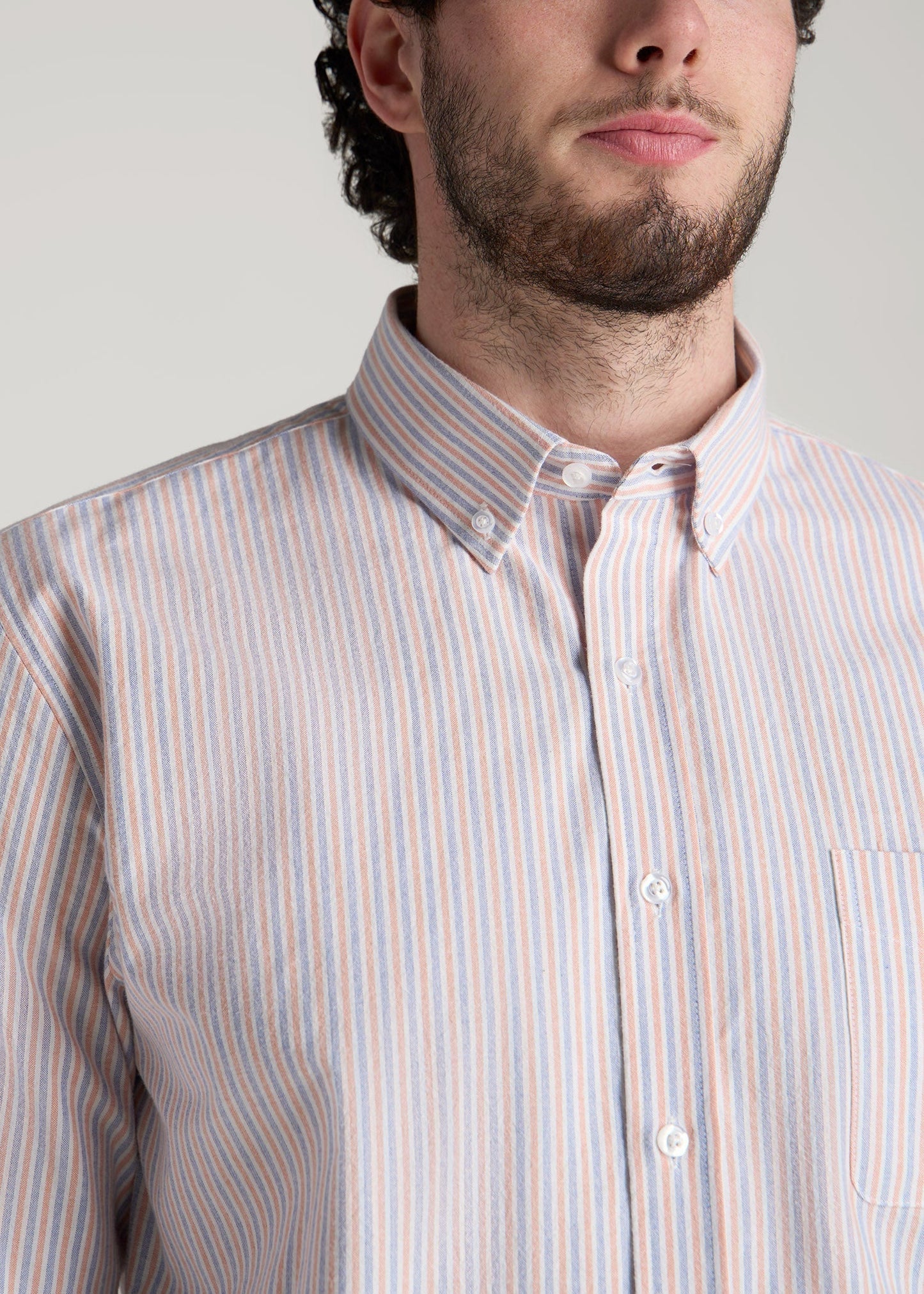 Washed Oxford Shirt for Tall Men in Apricot and Blue Multi Stripe