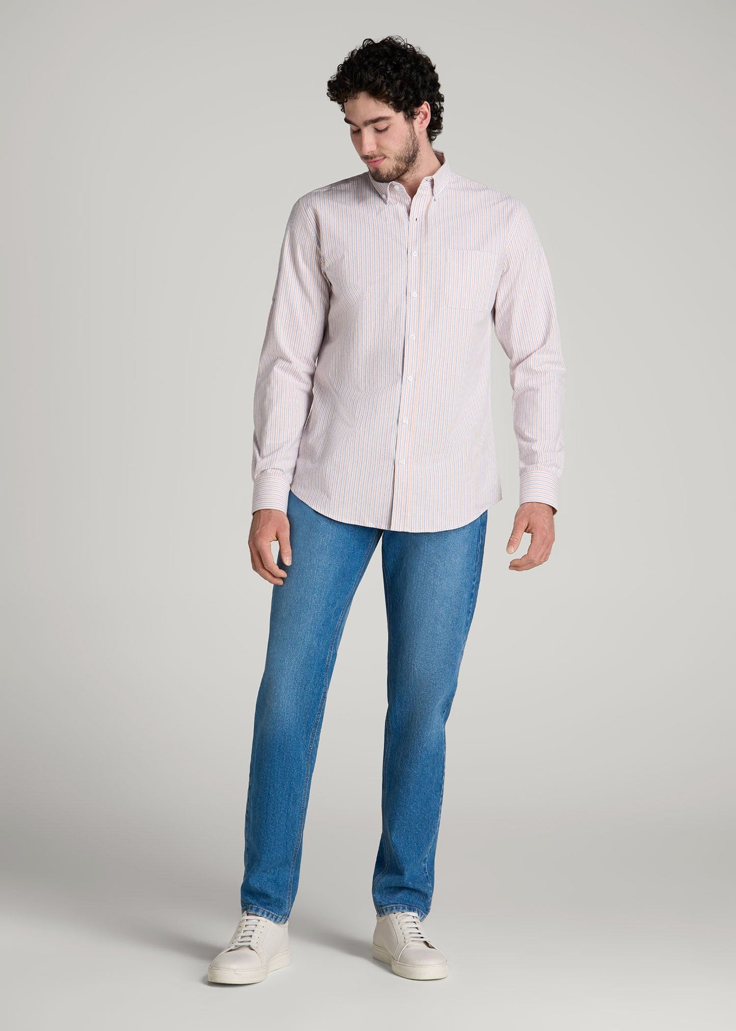 Washed Oxford Shirt for Tall Men in Apricot and Blue Multi Stripe