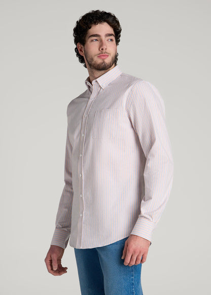 Washed Oxford Shirt for Tall Men in Apricot and Blue Multi Stripe