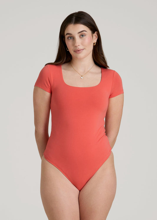 Cotton Blend Short Sleeve Square Neck Bodysuit for Tall Women in Sunset Coral