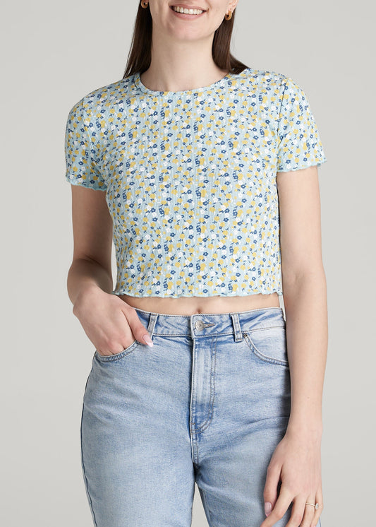 Cropped Waffle Tee for Tall Women in Corydalis Blue Floral