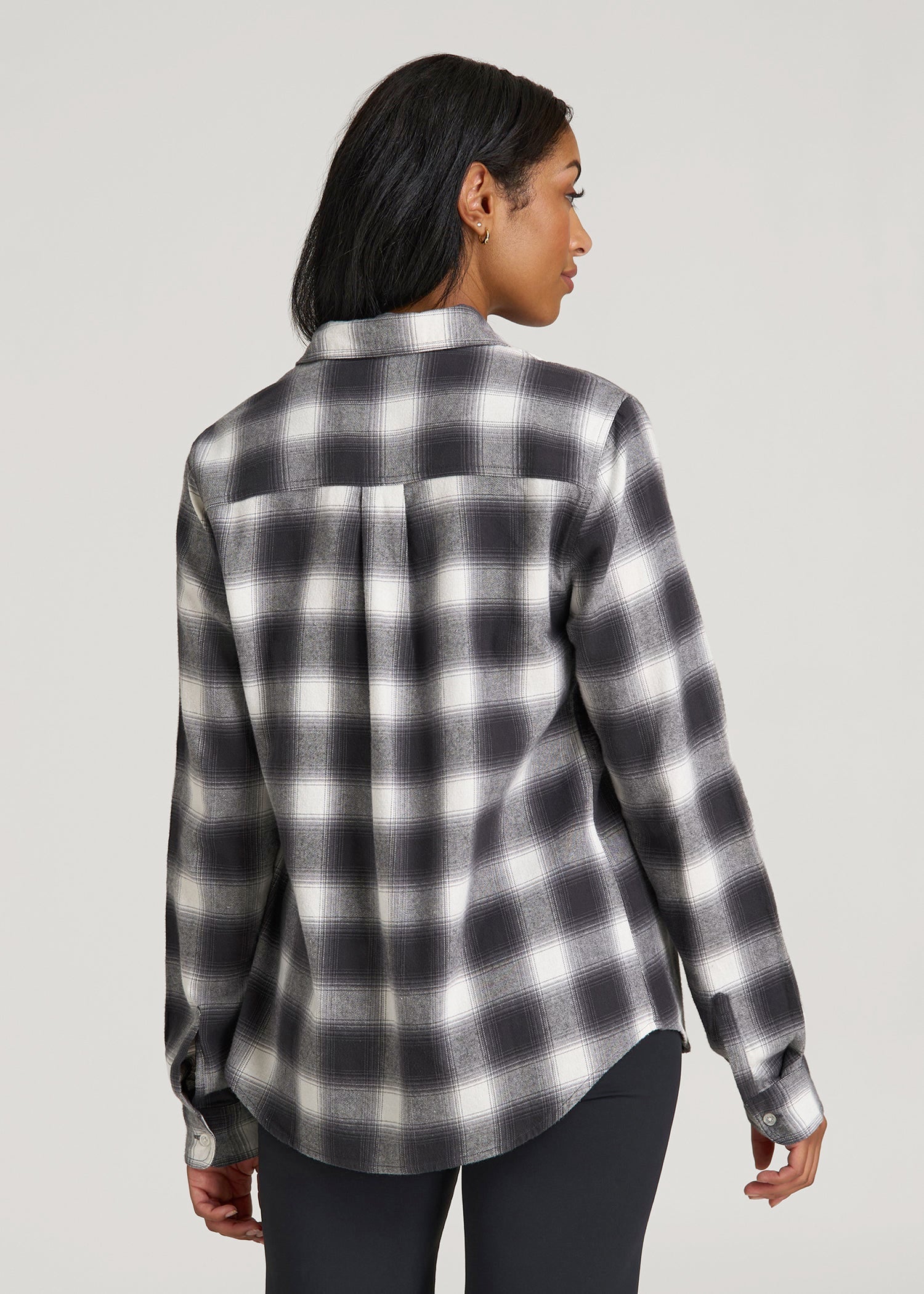 Flannel Button-Up Shirt for Tall Women in Grey and White Plaid