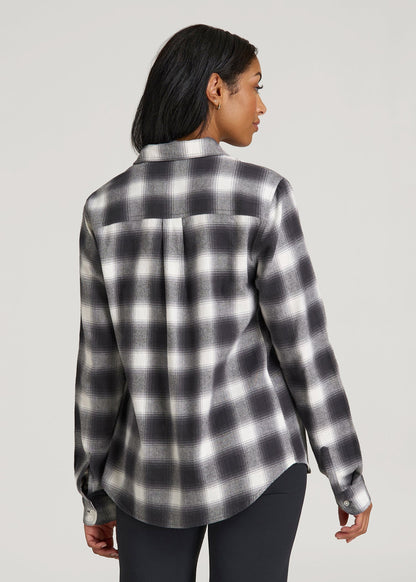 Flannel Button-Up Shirt for Tall Women in Grey and White Plaid