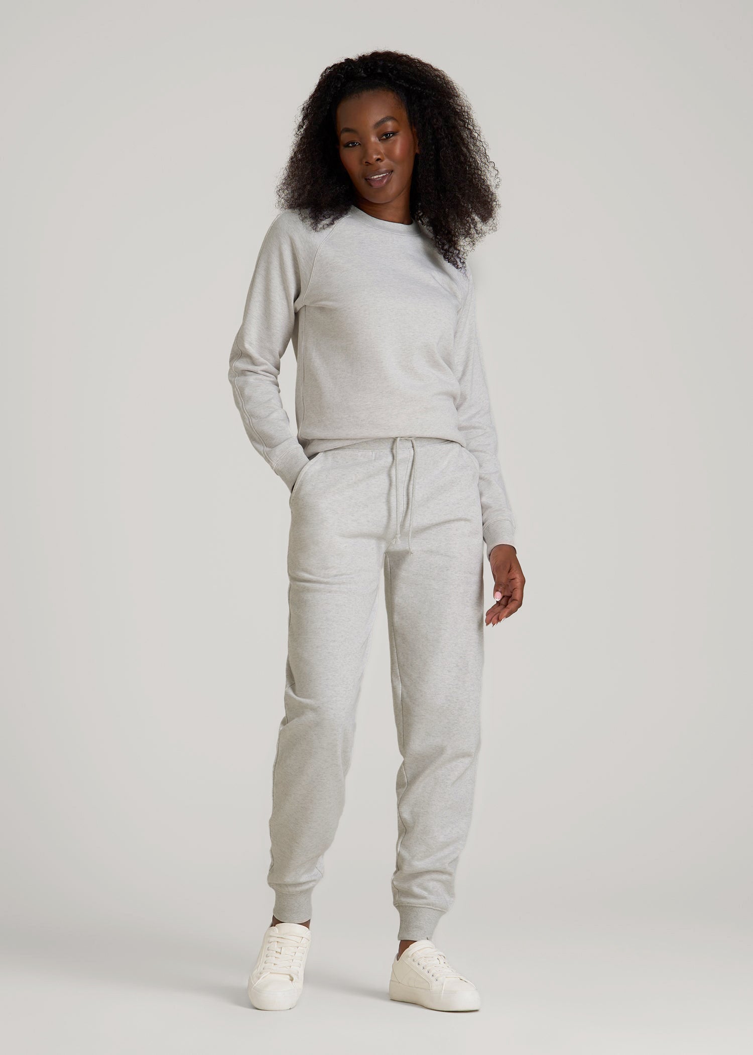 French Terry Crewneck Sweatshirt for Tall Women in Heather Cloud White