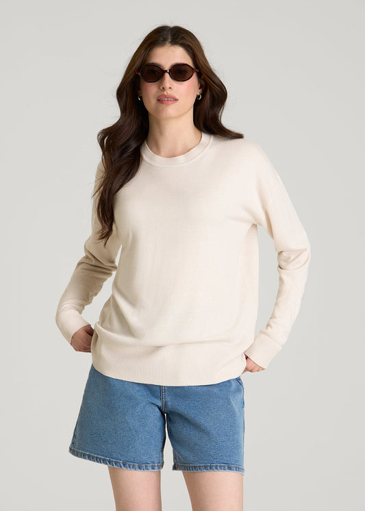 Linen Blend Knit Crewneck for Tall Women in White Sand