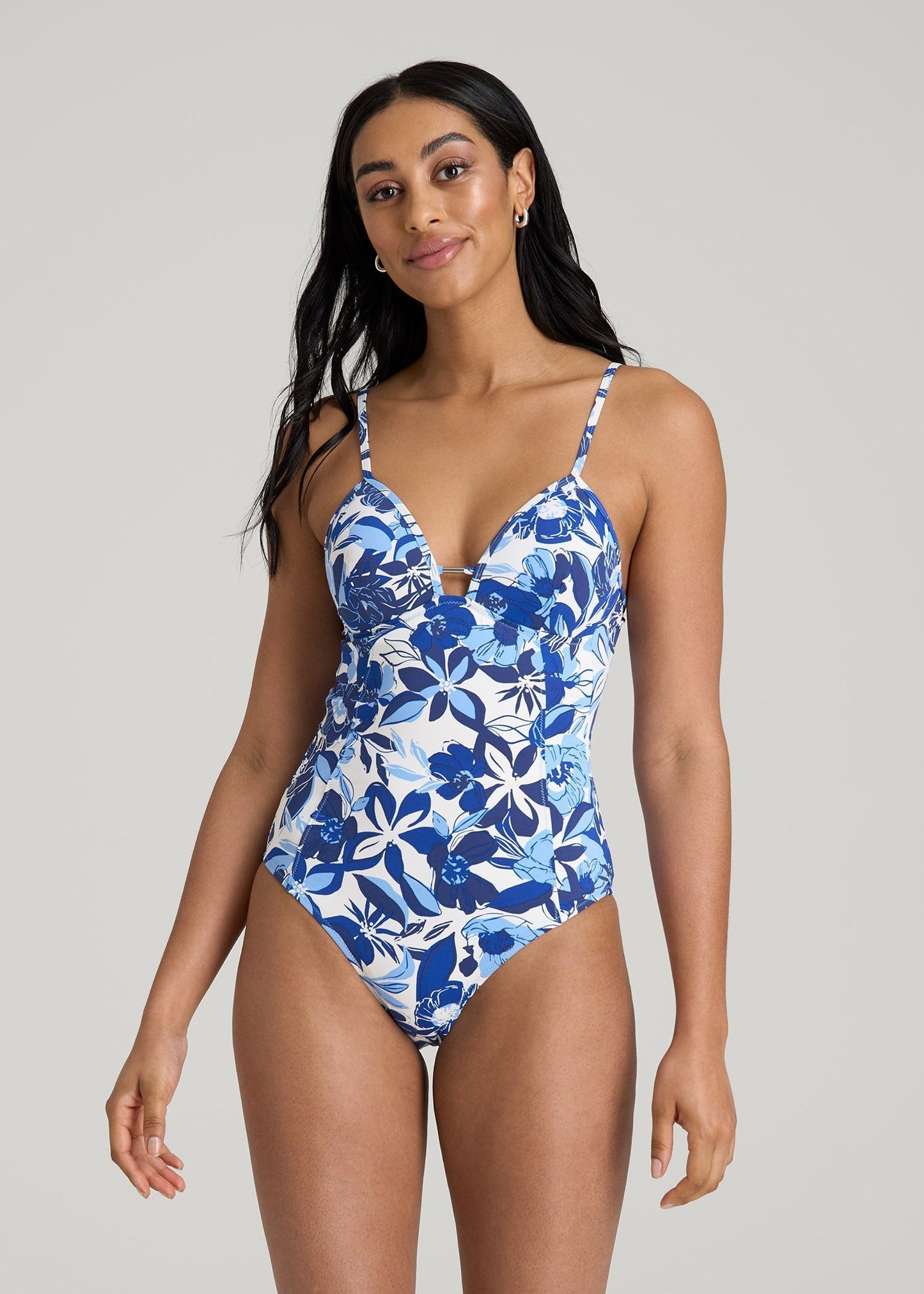 Low Cut One-Piece Swimsuit for Tall Women in Blue and White Floral