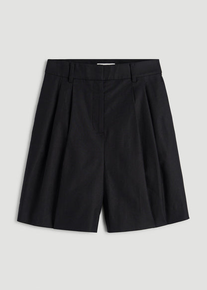 Stretch Cotton Linen Blend Pleated Shorts for Tall Women in Black