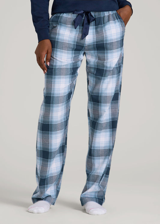 Tie Waist Flannel Pajama Pants for Tall Women in Blue and White Plaid