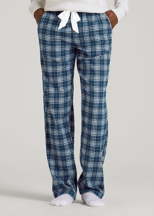 Tie Waist Flannel Pajama Pants for Tall Women in Navy and White Plaid