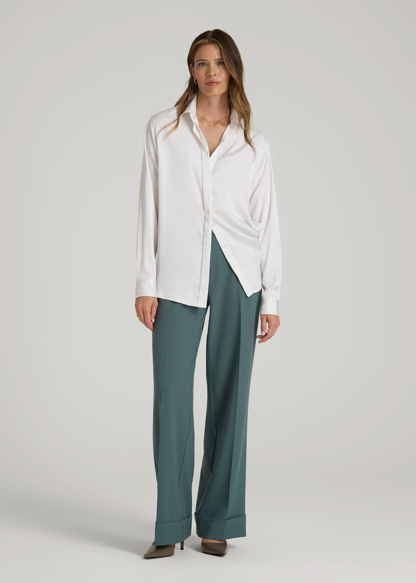 Wide-Leg Cuffed Pants for Tall Women in Balsam Green
