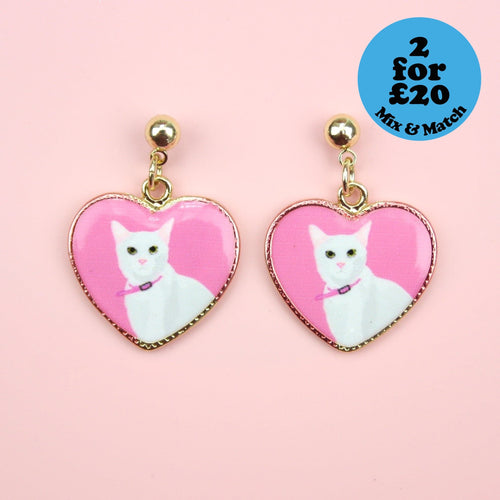White Cat Heart Stud Earrings
