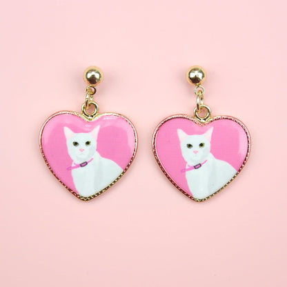 White Cat Heart Stud Earrings