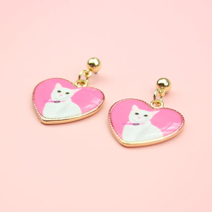 White Cat Heart Stud Earrings