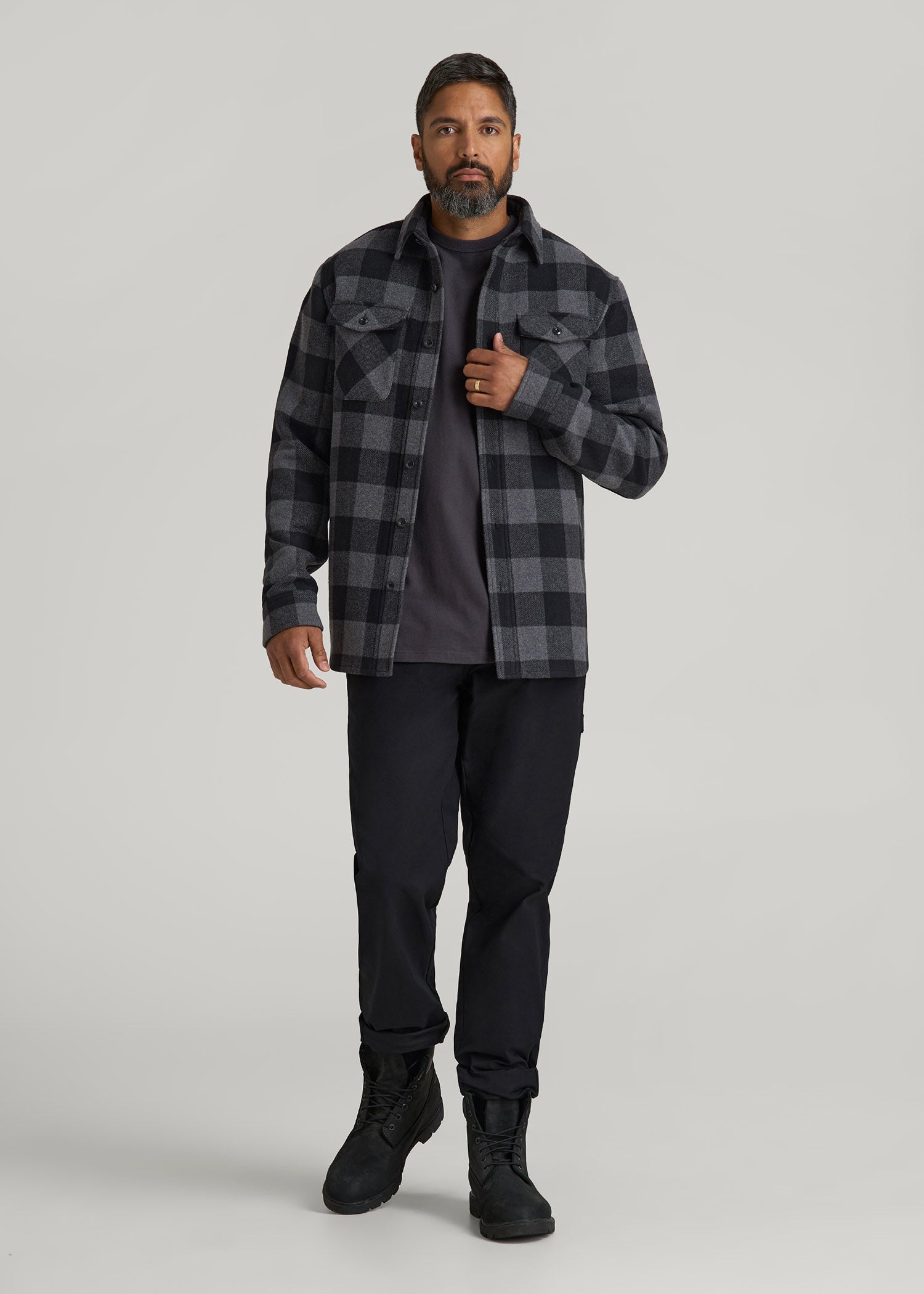 LJ&S Wool Blend Shirt Jacket for Tall Men in Black and Grey Check