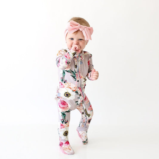 French Gray Floral Footie Ruffled Zippered One Piece