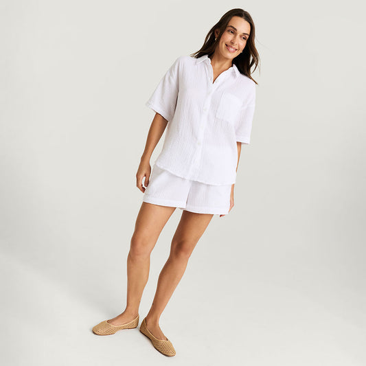 Women's White Cotton Crinkle Short Set