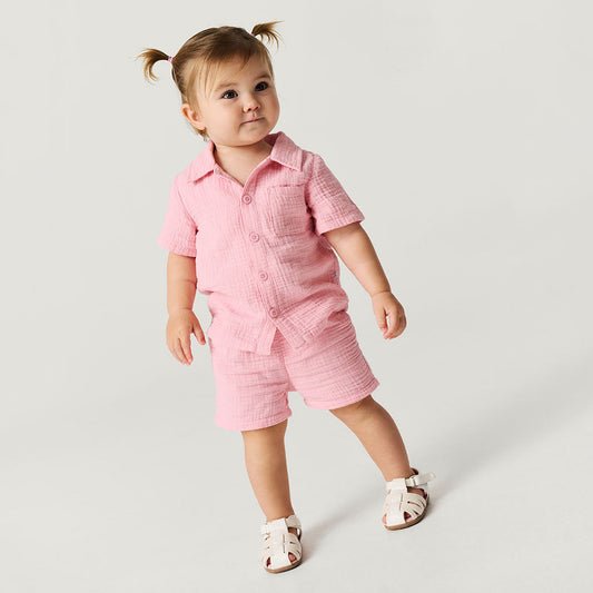 Happy Pink Cotton Crinkle Button Down Short Set
