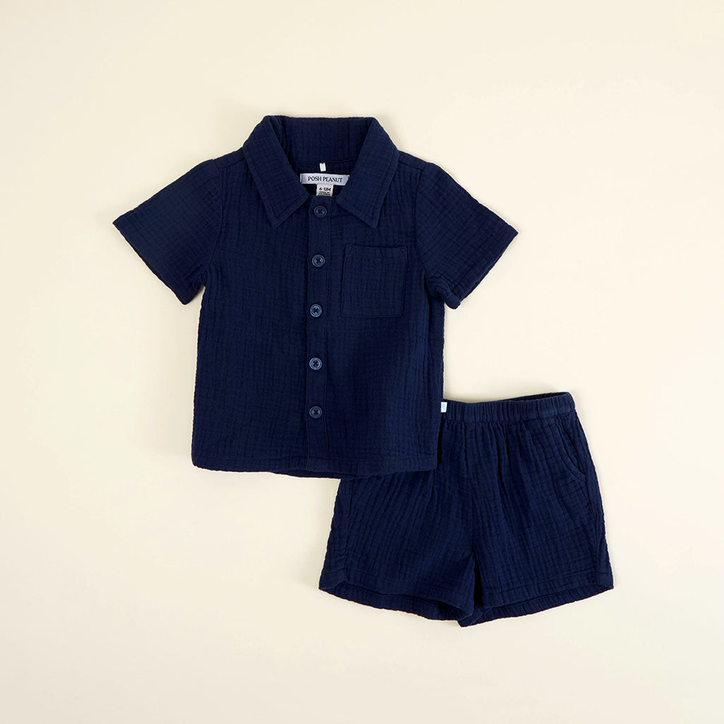Varsity Navy Cotton Crinkle Button Down Short Set
