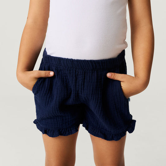 Varsity Navy Cotton Crinkle Ruffled Shorts