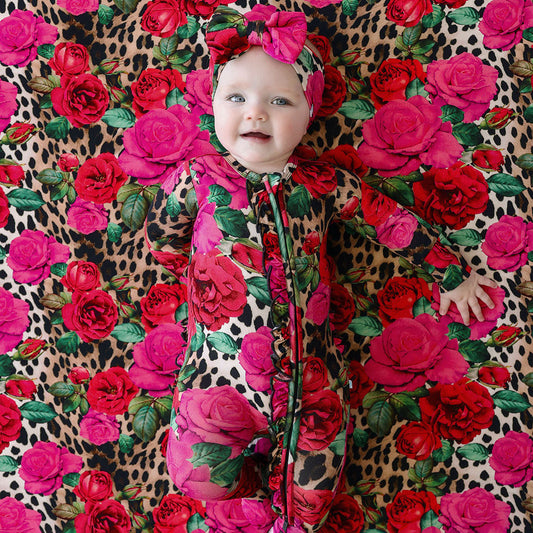 Wild Roses Footie Ruffled Zippered One Piece