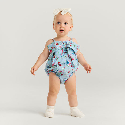 Jean Bamboo Challis Smocked Bow Bubble Romper
