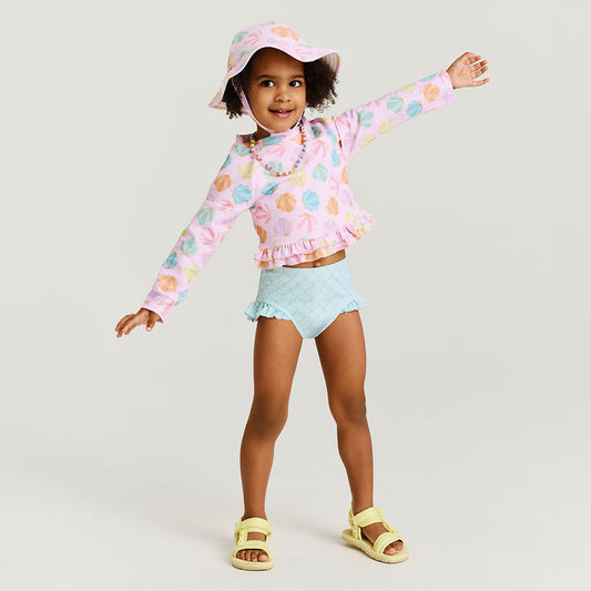 Shelly Pink Long Sleeve Rash Guard Ruffled Bummie Set