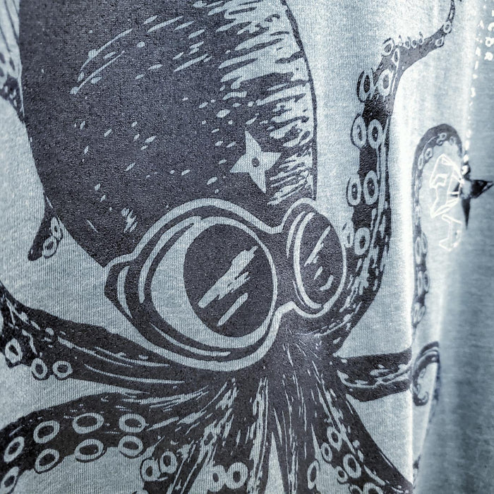 Adult Tee - Blue Ninja Octopus on Teal Crew Neck (S - 2XL) by Namu