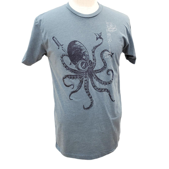 Adult Tee - Blue Ninja Octopus on Teal Crew Neck (S - 2XL) by Namu