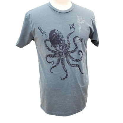 Adult Tee - Blue Ninja Octopus on Teal Crew Neck (S - 2XL) by Namu