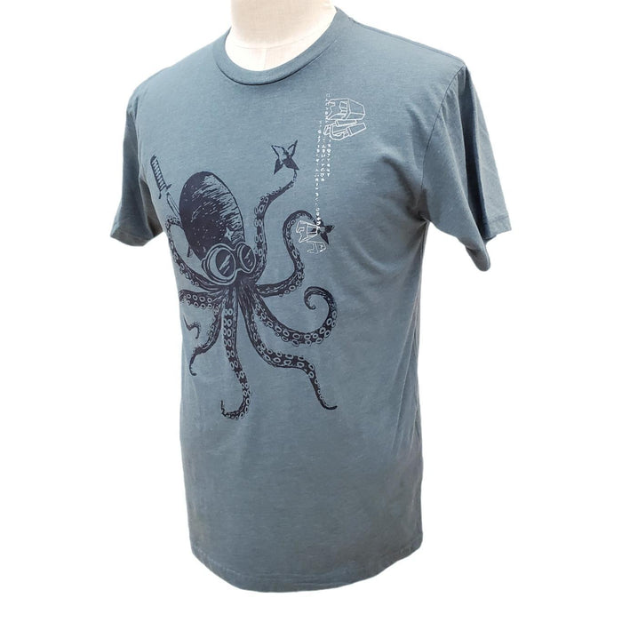 Adult Tee - Blue Ninja Octopus on Teal Crew Neck (S - 2XL) by Namu