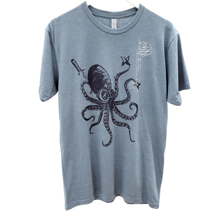 Adult Tee - Blue Ninja Octopus on Teal Crew Neck (S - 2XL) by Namu