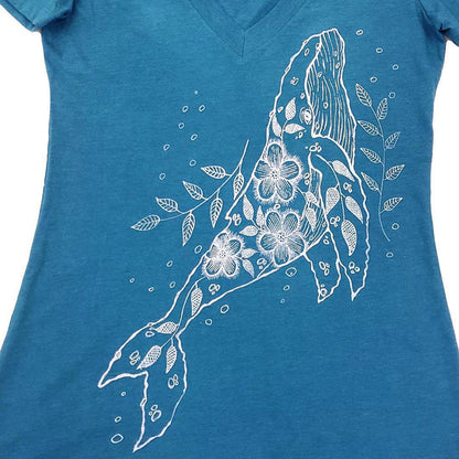 Adult Tee - Humpback Whale on Aqua Fitted V-Neck (S-XL) by Namu