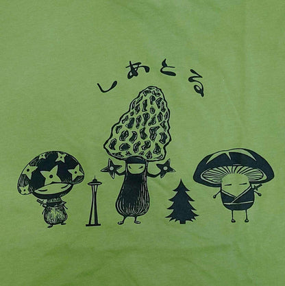 Adult Tee - Mushroom Ninja Trio on Kelly Green Crew Neck Tee (S-2X) by Namu